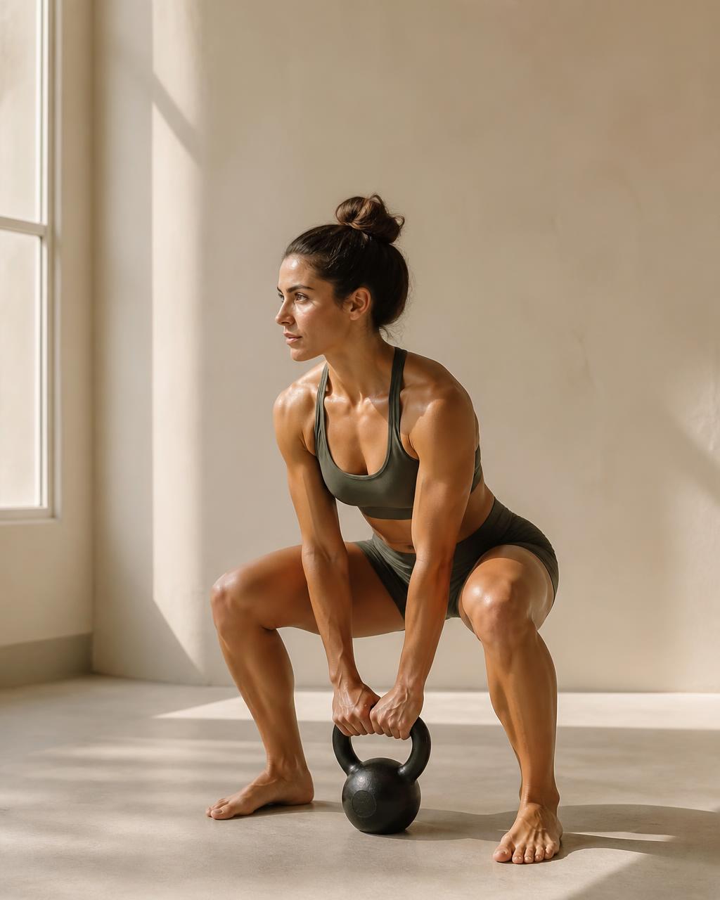 Active adult training a loaded squat pattern in a bright studio